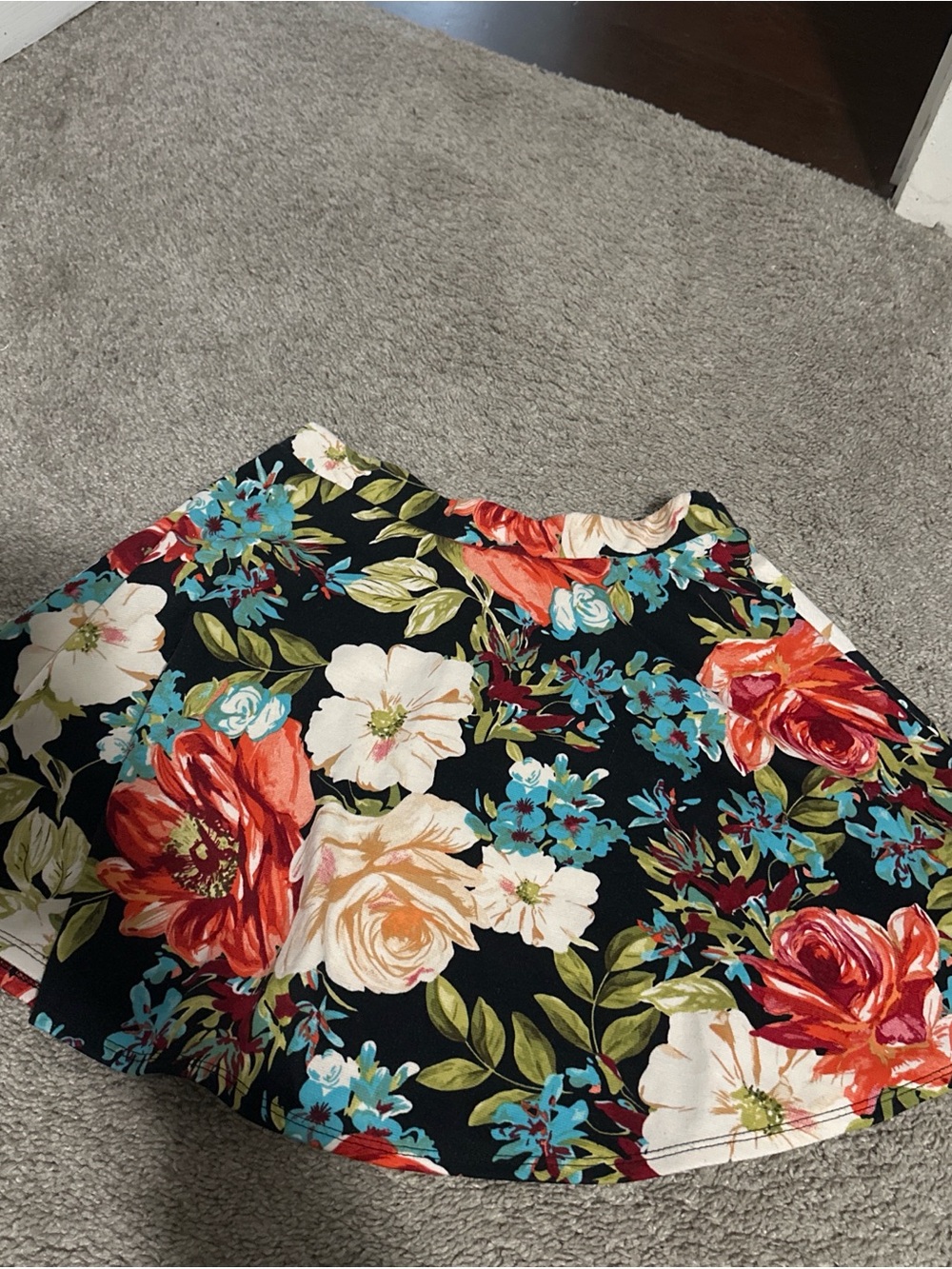 Floral A-Line Skirt in Black with Red & Cream Blooms